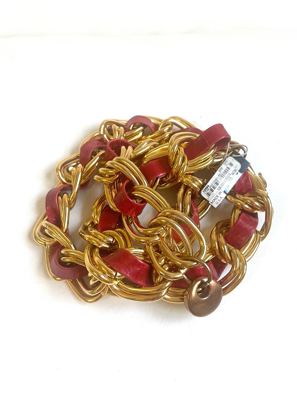 NEW BEBE CHUNKY GOLD TONE CHAIN LINK BELT RED LEATHER STRIP HOOK CLOSURE
